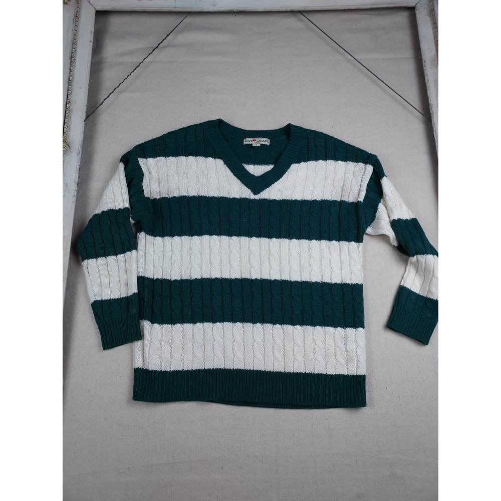 Love Change Italy Womens M Green Ivory Striped Cable Knit V Neck Sweater Preppy